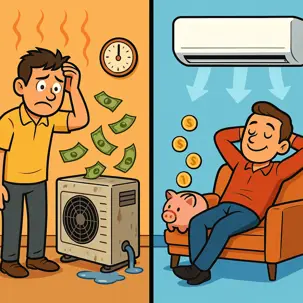 cartoon of two men, sad and happy with air.