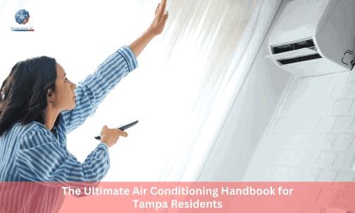 Woman standing beside a split-type AC unit with a remote.