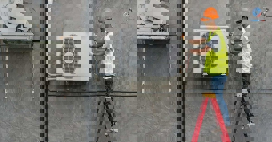 An HVAC technician in a hard hat works on an outside AC unit.