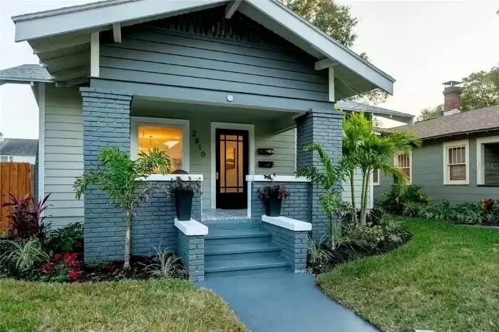 The facade of a charming home at “2610” in a safe neighborhood.
